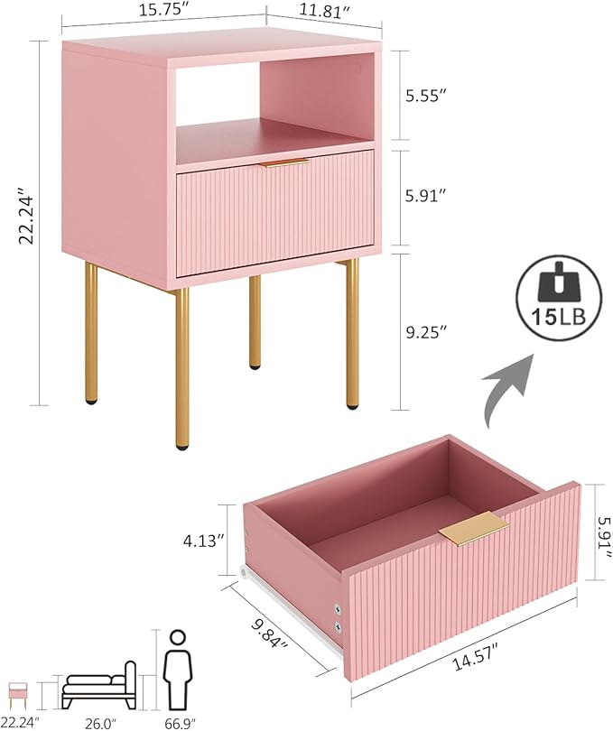 Masupu Night Stand,Mid-Century Modern Bedside Table with Storage Drawer and Open Wood Shelf,Small Gold Frame Side Table for Bedroom,Living Room, Pink