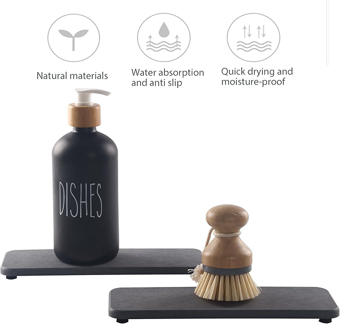 2 Pcs Water Absorbing Stone Trays, Kitchen/Bathroom Sink Soap Dish, Diatomite Tray Used for Hand Soap & Cosmetic Bottles in The Modern Home, 3.54" W x 9" L, Dark Gray