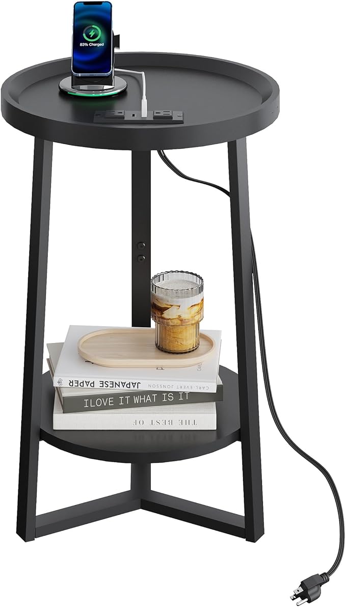 WLIVE Round End Table, 2 Tier Side Table with Charging Station, Round Nightstand with Storage Shelf, Small Spaces, Living Room/Bedroom, Wood Tabletop & Metal Frame, Black