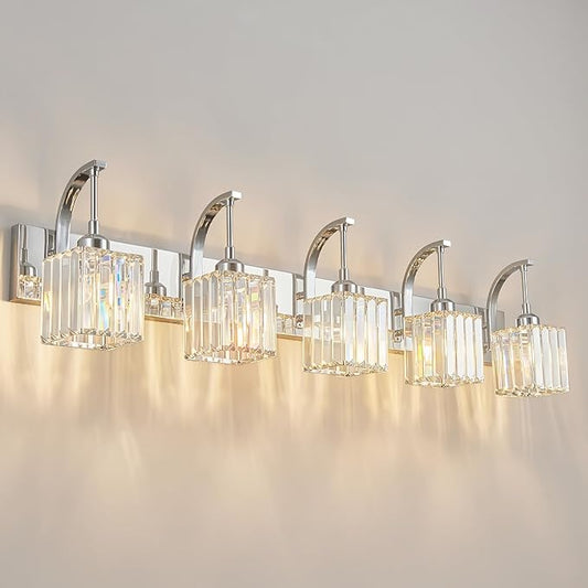 Crystal Vanity Lights 5-Light Chrome Bathroom Vanity Lights Modern Crystal Bathroom Light Fixtures Over Mirror 42.51" Long Vanity Light for Bathroom