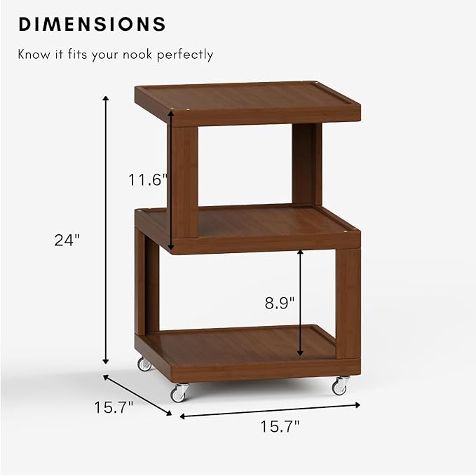 ZIYOO 3-Tier Solid Wood Mobile Side Table with Wheels, Wooden Night Stand, Unique Floating Design Storage Organizer for Bedroom, Living Room, Small Spaces, Walnut