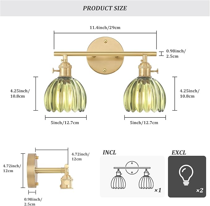 Bathroom Light Fixtures, 2-Light Brass Vanity Wall Light Over Mirror with Green Tulip Glass Shade for Bedroom Living Room (Bulb Not Included)