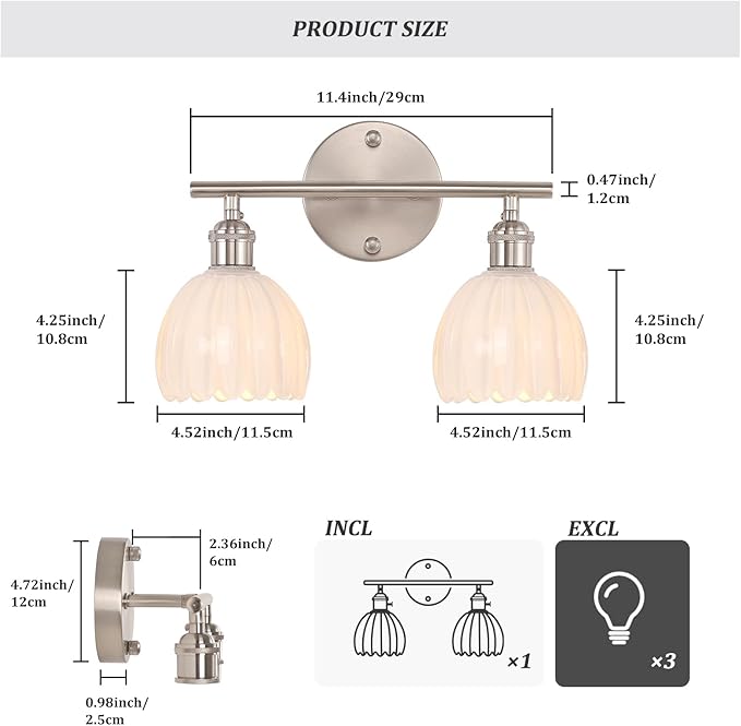 Bathroom Light Fixtures, 2-Light Vanity Wall Light Over Mirror with White Tulip Glass Shade for Bedroom Living Room (Bulb Not Included), Satin Nickel