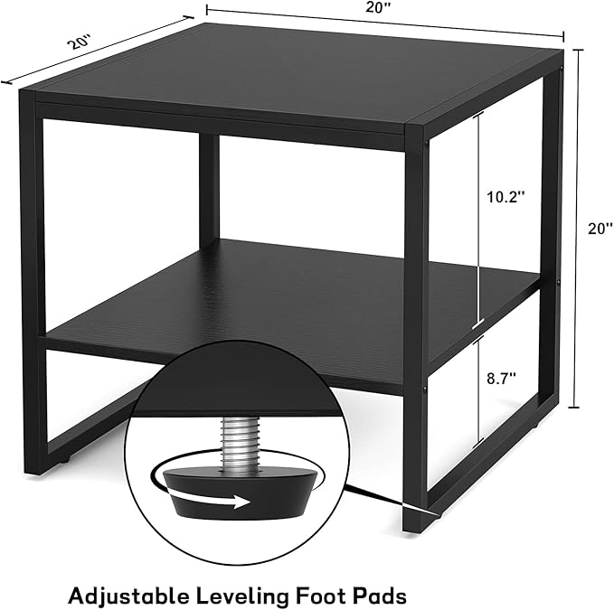 Homieasy End Table, 20 Inch Square End Table, Mini Fridge Stand with 2-Tier Storage Shelves, Industrial Wood Side Tables for Living Room, Black