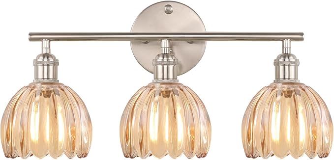Bathroom Light Fixtures, 3-Light Vanity Wall Light Over Mirror with Amber Tulip Glass Shade for Bedroom Living Room (Bulb Not Included), Satin Nickel