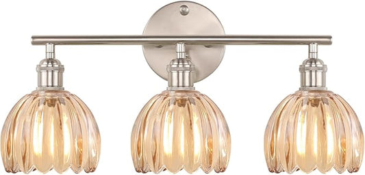 Bathroom Light Fixtures, 3-Light Vanity Wall Light Over Mirror with Amber Tulip Glass Shade for Bedroom Living Room (Bulb Not Included), Satin Nickel