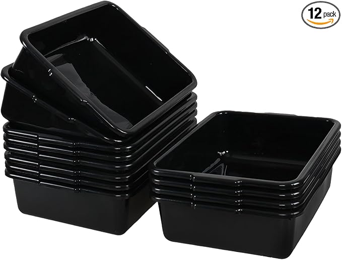 12-pack 13 Liters Plastic Bus Tubs, Commercial Bus Tray Box Wash Basin Tub, Black Dish Washing Pans