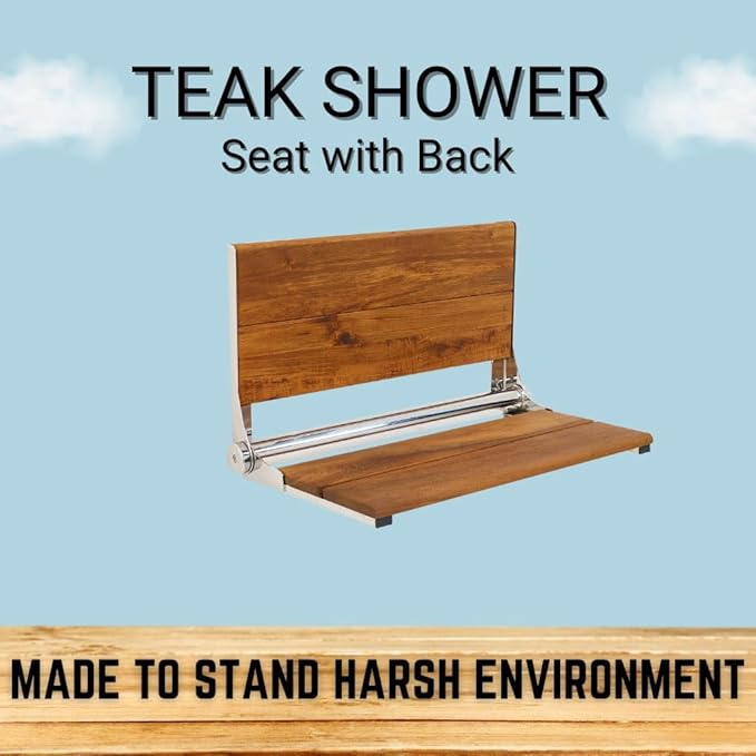 Teak Shower Seat - Contour Wood / Folding Wall Mount Bench for Inside Shower / ADA Safety Assist / 304 Stainless Steel / Polished Chrome / 18" x 16"