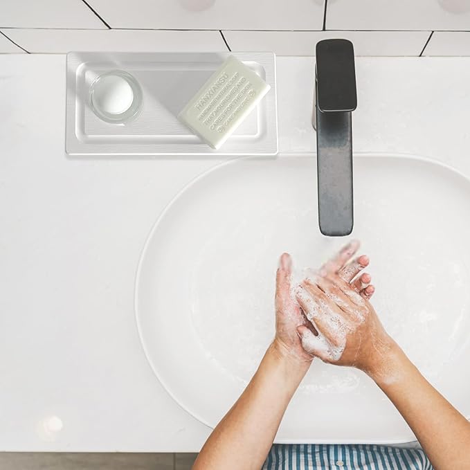 2 PCS Fast-Drying Stone Trays for Bathroom Sink & Kitchen Counter, Water Absorbing Diatomite Sink Coasters, Vanity Tray, Hand Soap Holder with Anti-Skid Pads (9.5" x 4.7" White)