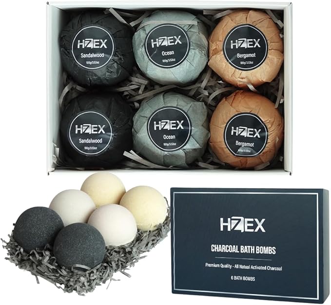 Charcoal Bath Bombs Gift Set – 6 Piece Natural Spa Fizzies with Essential Oils – Handmade Organic Moisturizing Vegan Bath Bombs for Relaxation, Detox, Stress Relief – Gifts for Men & Women