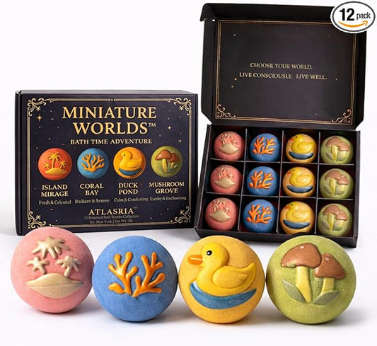 Atlasria™ Organic Bath Bombs for Women, 12 Gift Set, Large, Essential Oil, Safe Bubble Bath for Kids, Fun Bath time for Kids, Shea Butter Moisturize, Gift Ideas for Her Him, Miniature Worlds