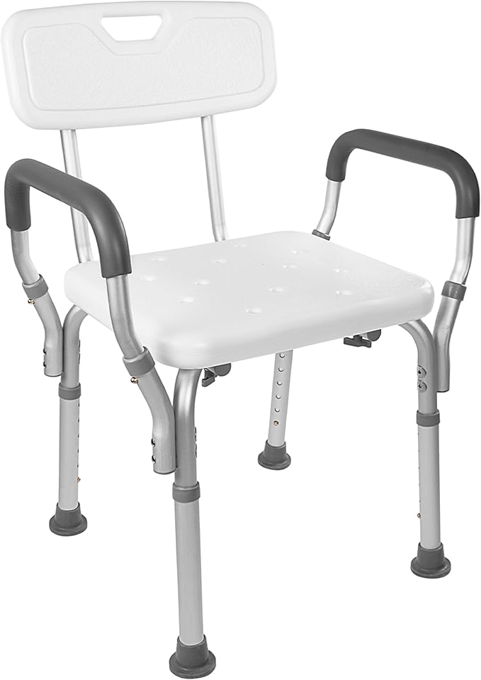 Vaunn Medical Deluxe Spa Shower Chair with Arms and Back, Bath Seat for Seniors, 350 lbs Max Weight, White With Light Gray Arms
