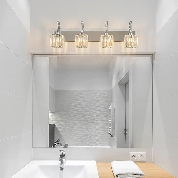 Crystal Vanity Lights 4-Light Chrome Bathroom Vanity Lights Modern Crystal Bathroom Light Fixtures Over Mirror 32.67" Long Vanity Light for Bathroom
