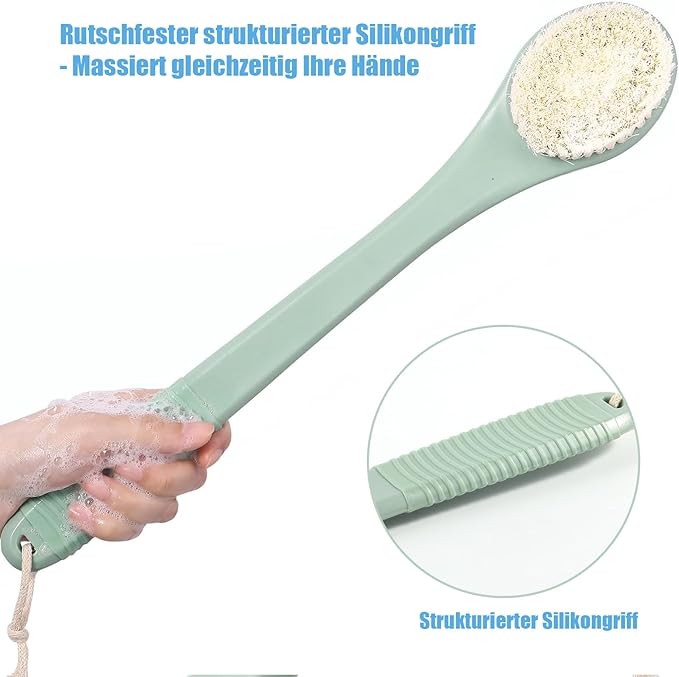 17-Inch Back Scrubber for Shower, Anti-Slip Exfoliating Body Brush for Bath, Gentle Back Brush for Shower for Men, and Women, Cleaning Skin for Smooth, Glowing Skin (Pea Green)
