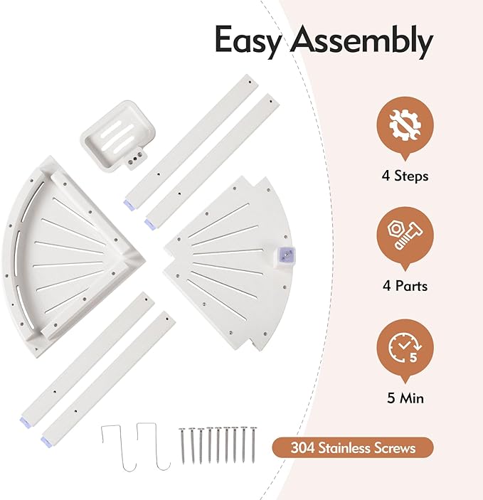 2-Tier Corner Shower Stool with Hooks & Soap Dish, HDPE Shower Bench for Shaving Legs, Wood-Like Shower Stool for Inside Shower with Non-Slip Foot Pads, Waterproof Shower Foot Rest (White)