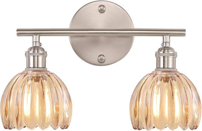 Bathroom Light Fixtures, 2-Light Vanity Wall Light Over Mirror with Amber Tulip Glass Shade for Bedroom Living Room (Bulb Not Included), Satin Nickel