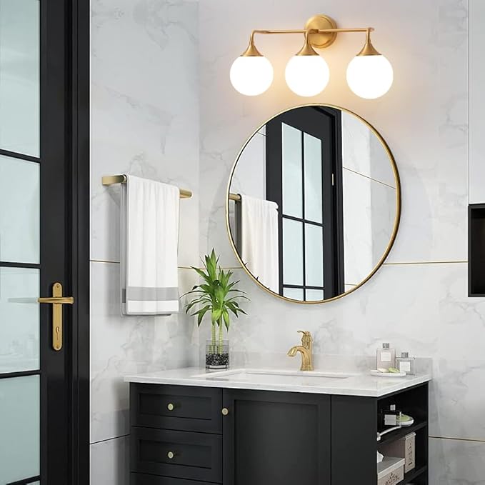 Gold Bathroom Light Fixtures, Modern Vanity Lighting Over Mirror, Mid Century Brushed Brass Wall Sconce 3-Light with Milky White Glass Ball Shades