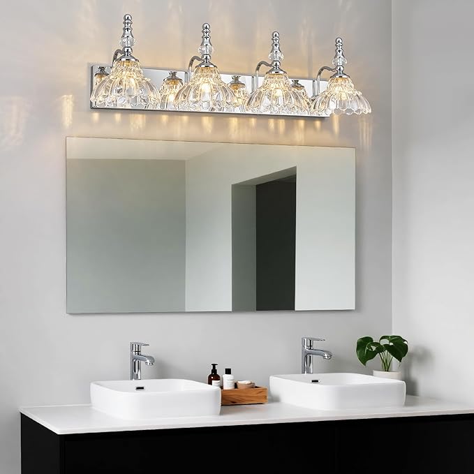 Vintage Bathroom Vanity Light, 4-Light Chrome Vanity Lighting Fixture with Flower Glass Shade, Bathroom Lighting Fixtures Over Mirror