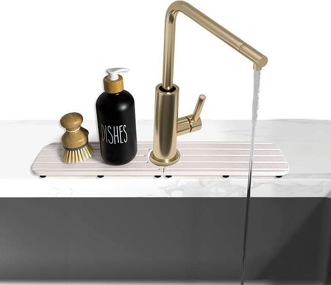 17inch x 4inch Kitchen Sink Faucet Mat, Water Absorbing Stone Faucet Splash Guard for Bathroom Counter, Quick Drying Diatomite Tray for Kitchen Sink, White