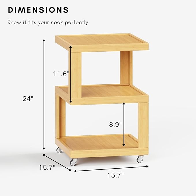 ZIYOO 3-Tier Solid Wood Mobile Side Table with Wheels, Wooden Night Stand, Unique Floating Design Storage Organizer for Bedroom, Living Room, Small Spaces, Natural Bamboo