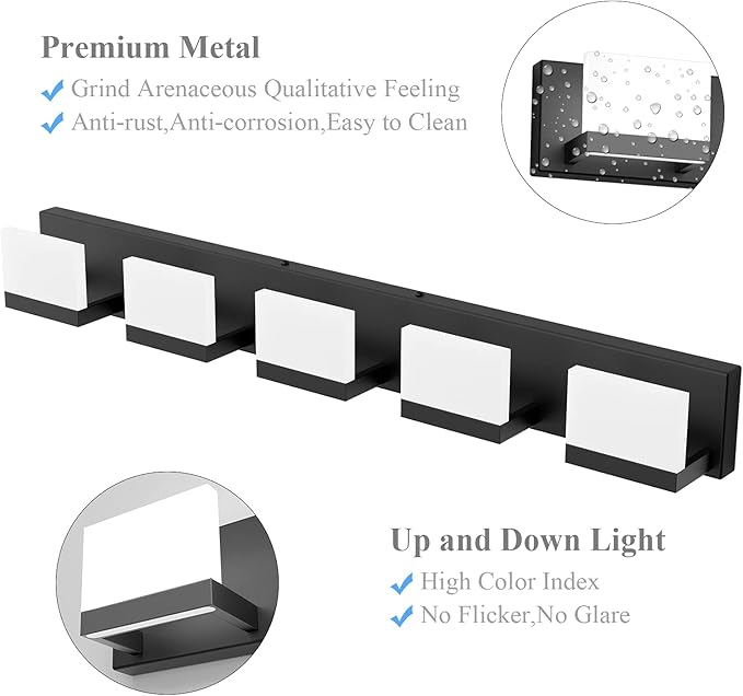 Tipace 5 Lights Modern Black Vanity Light Up and Down Black LED Vanity Light Fixtures Bathroom Wall Light Over Mirror 6000K