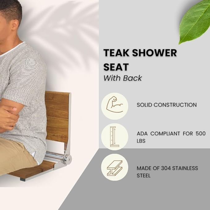 Folding Shower Seat Wall Mounted with Back | 500 lbs Maximum Load Capacity | ADA Compliant Safety Assist Teak Shower Seat for Seniors, Handicapped, and Children | 304 Stainless Steel Frame | 26” x 16”