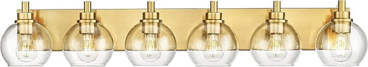 Bathroom Light Fixtures, 6 Light Brushed Gold Vanity Light, 38 Inch Modern Wall Sconces with Globe Clear Glass Shade, Vanity Lighting Fixtures Over Mirror, VL195-BG-6