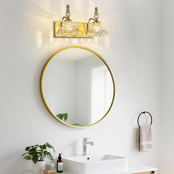 Vintage Bathroom Vanity Light, 2-Light Gold Vanity Lighting Fixture with Flower Glass Shade, Bathroom Lighting Fixtures Over Mirror