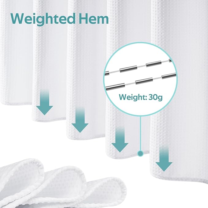 3 in 1 Shower Curtain Set, Waffle Shower Curtain and Liner Set with 6 Double Sided Shower Curtain Hooks, 258GSM Luxury Weighted Cloth Shower Curtains for Bathroom, 36 W x 72 H, White