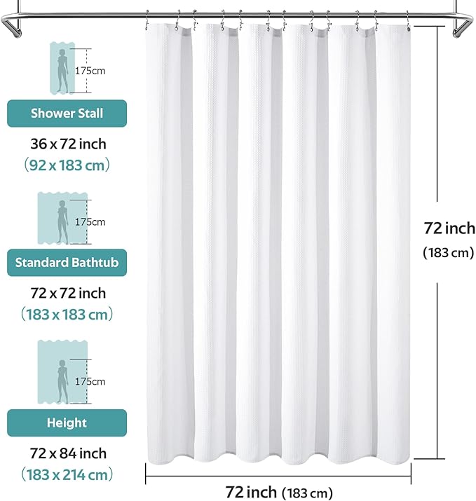 3 in 1 Shower Curtain Set, Waffle Shower Curtain and Liner Set with 12 Double Sided Shower Curtain Hooks, 258GSM Luxury Weighted Cloth Shower Curtains for Bathroom, 72 W x 72 H, White