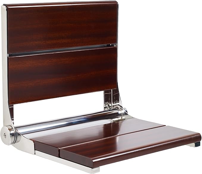 Folding Shower Seat Wall Mounted with Back | 500 lbs Maximum Load Capacity | ADA Compliant Safety Assist Teak Shower Seat for Seniors, Handicapped, and Children | 304 Stainless Steel Frame | 26” x 16”