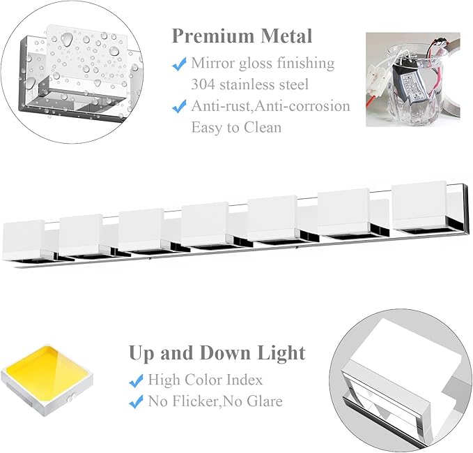 Tipace 8 Lights Modern LED Chrome Vanity Light for Bathroom Wall Light Up and Down LED Bathroom Light Fixtures Over Mirror(White Light 6000K)