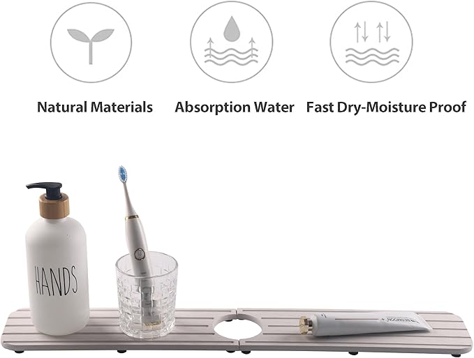 23.6inch x 4inch Kitchen Sink Faucet Mat, Water Absorbing Stone Faucet Splash Guard for Bathroom Counter, Quick Drying Diatomite Tray for Kitchen Sink, Light Gray