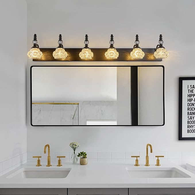 Modern Crystal Bathroom Vanity Light Black Vintage Bathroom Light Fixtures 6-Lights Glass Crystal Vanity Lights