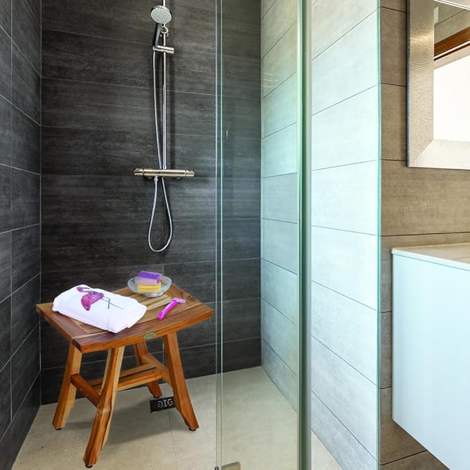 EcoDecors Teak Shower Bench – 18" Satori Bath Seat for Adults & Seniors, EarthyTeak Finish Compact Water-Resistant Bathroom Stool | Non-Slip Bench for Shower Use with Slatted Top & Adjustable Feet