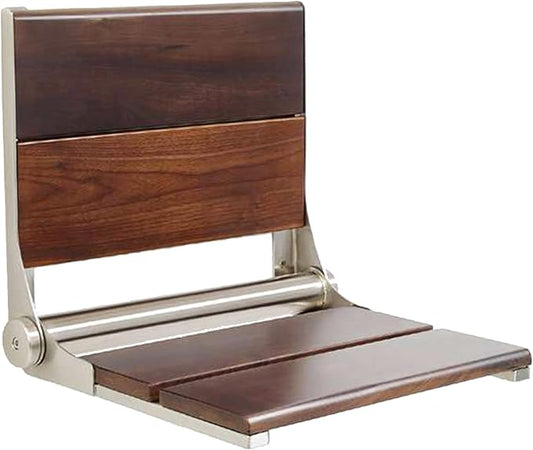 Folding Shower Seat Wall Mounted with Back | 500 lbs Maximum Load Capacity | ADA Compliant Safety Assist Teak Shower Seat for Seniors, Handicapped, and Children | 304 Stainless Steel Frame | 26” x 16”