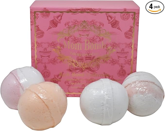 Mom Bomb Bath Bomb Gift Set (4) – Mistletoe Kisses, Peppermint Cocoa, Fireside Dreams & Warm Apples – Essential Oils, Plant-Based Scents – Made in USA – Gift for Women