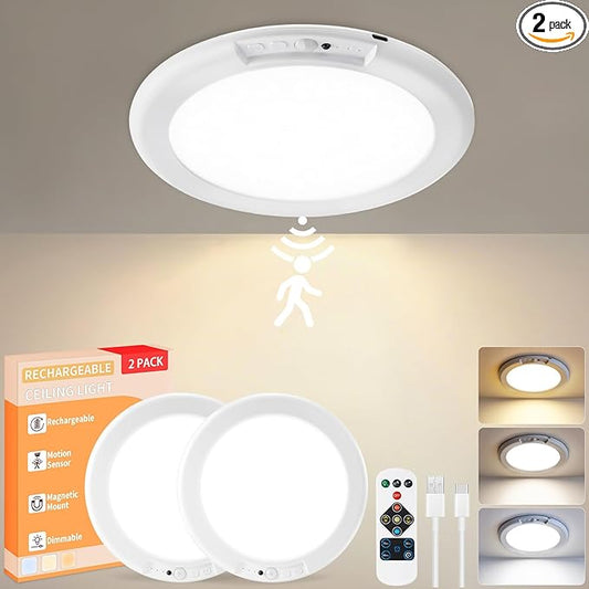 Rechargeable Ceiling Light 2Pack, 3 Color Motion Sensor Lights with Remote, Wireless Closet Light Battery Operated, Magnetic Dimmable LED Lights for Shower Pantry Shed Hallway Porch Garage Stairs