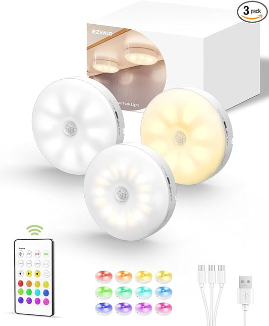 EZVALO Under Cabinet Lighting,1000mAh Rechargeable Puck Lights with Remote,3 Color Temps & 12 RGB Motion Sensor Closet Lights Indoor,Dimmable Under Cabinet Lights for Kitchen,Cabinets,Closet (3 Packs)