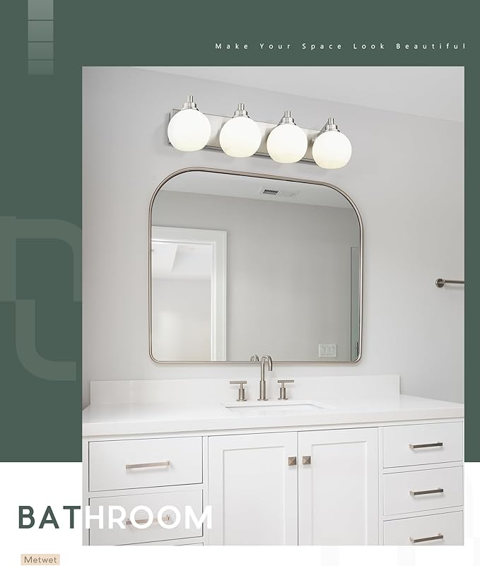 Bathroom Light Fixtures, 4 Light Brushed Nickel Vanity Light, 26 Inch Modern Wall Sconces with Globe Milk White Glass Shade, Vanity Lighting Fixtures Over Mirror, VL195-BN-ML-4