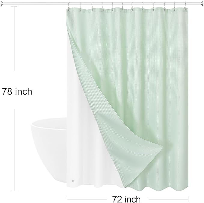 3 in 1 Long Mint Green Shower Curtain Set-72 W x 78 H, Modern Waffle and PEVA Liner Set with 12 Stainless Steel Hooks, Waterproof Fabric for Bathroom
