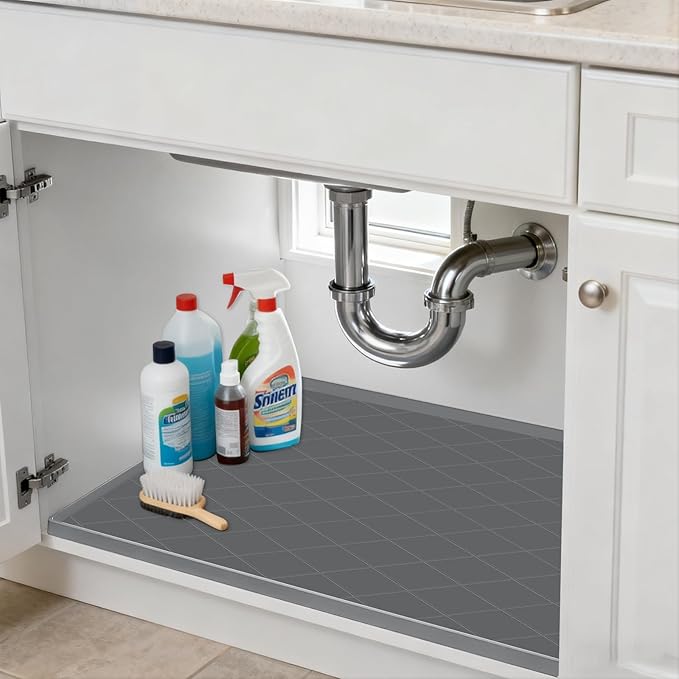 34" x 22" Inch Silicone Sink Mat, Leak-Proof Cabinet Liner with Raised Edge, Non-Slip Kitchen and Bathroom Counter Protector, Heat Resistant Waterproof Easy to Clean Drawer Shelf Liner.