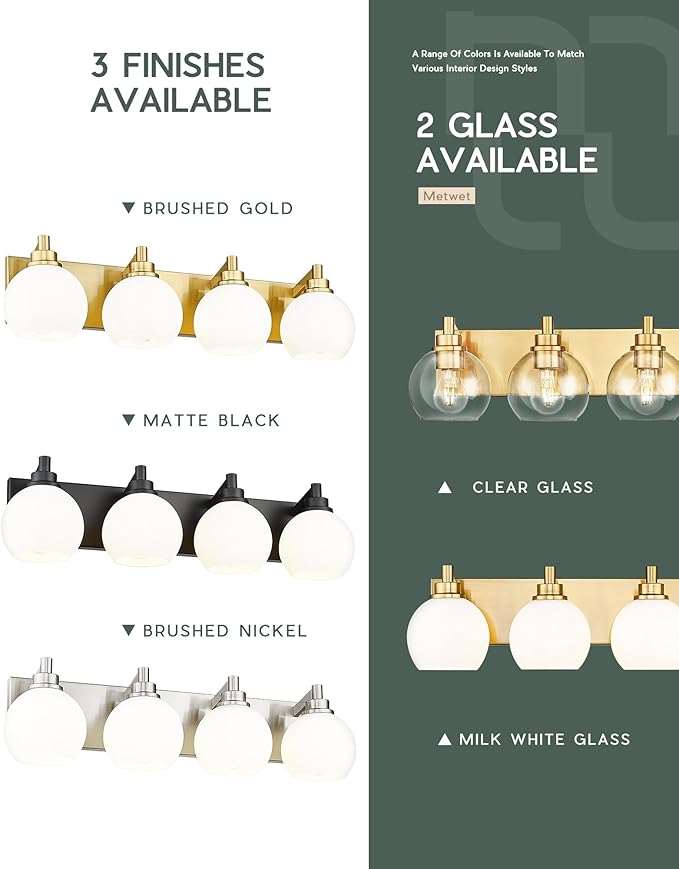 Bathroom Light Fixtures, 4 Light Brushed Gold Vanity Light, 26 Inch Modern Wall Sconces with Globe Milk White Glass Shade, Vanity Lighting Fixtures Over Mirror, VL195-BG-ML-4