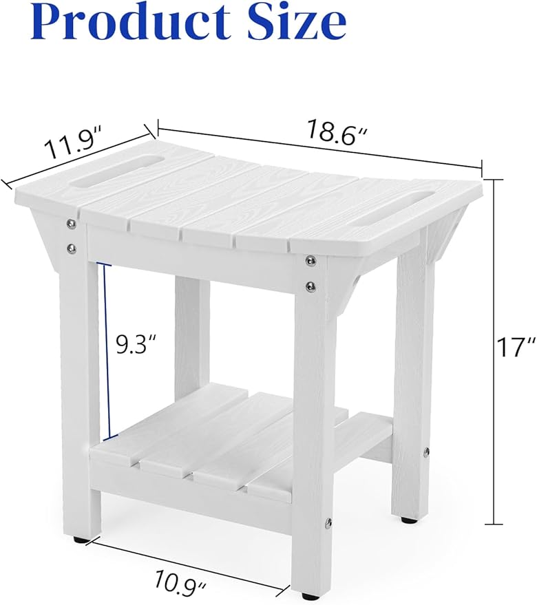 Waterproof Shower Bench, Poly Lumber Shower Stool for Shaving Legs, Shower Chair Seat with Storage Shelf and Handles, Bathroom Bench for Inside Shower, Non-Slip
