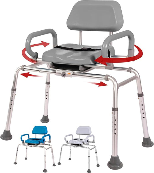 Carousel Sliding Shower Chair Transfer Bench with Swivel Seat, Premium Padded Bath, with Pivoting Arms, Adjustable Space Saving Design for Tubs, Shower, for Handicap & Seniors, Gray