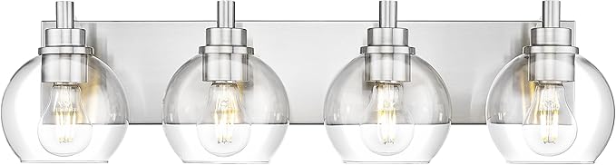 Bathroom Light Fixtures, 4 Light Brushed Nickel Vanity Light, 26 Inch Modern Wall Sconces with Globe Clear Glass Shade, Vanity Lighting Fixtures Over Mirror, VL195-BN-CL-4