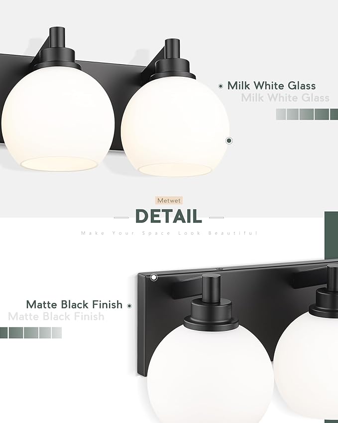 Bathroom Light Fixtures, 3-Light Matte Black Vanity Light, Modern Wall Sconces with Milk White Globe Glass Shade, Vanity Lighting Fixtures Over Mirror, VL195-MB-ML-3