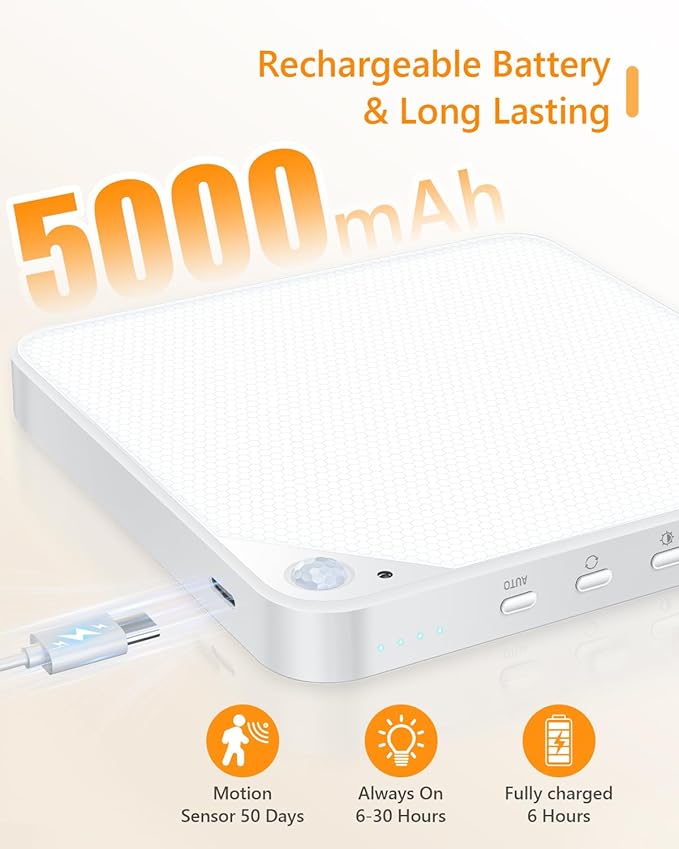 Rechargeable 8W Motion Sensor Ceiling Light Indoor, Wireless Magnetic Stick on Closet Light, Remote Control for Color & Brightness, Battery Operated Light for Shower, Bathroom, Pantry, Hallway, 2-Pack