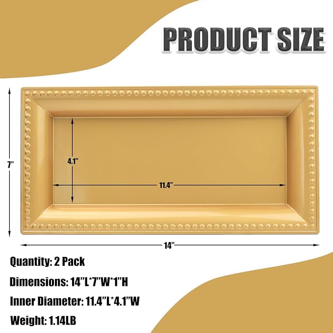 2 Pack Gold Bathroom Vanity Tray for Countertop with Beads, Small Plastic Toilet Tank Versatile Storage Organization Tray for Makeup, Perfume, Desk, Kitchen, Candles, 14"x7"x1", 36G
