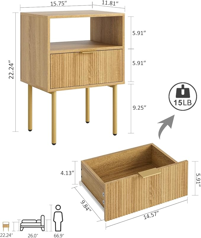 Masupu Night Stand,Mid-Century Modern Bedside Table with Storage Drawer and Open Wood Shelf,Small Gold Frame Side Table for Bedroom,Living Room, Natural